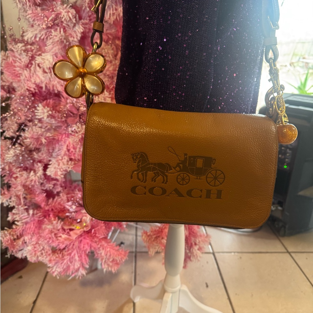 Coach Tan Leather Crossbody Bag with Floral Charm
